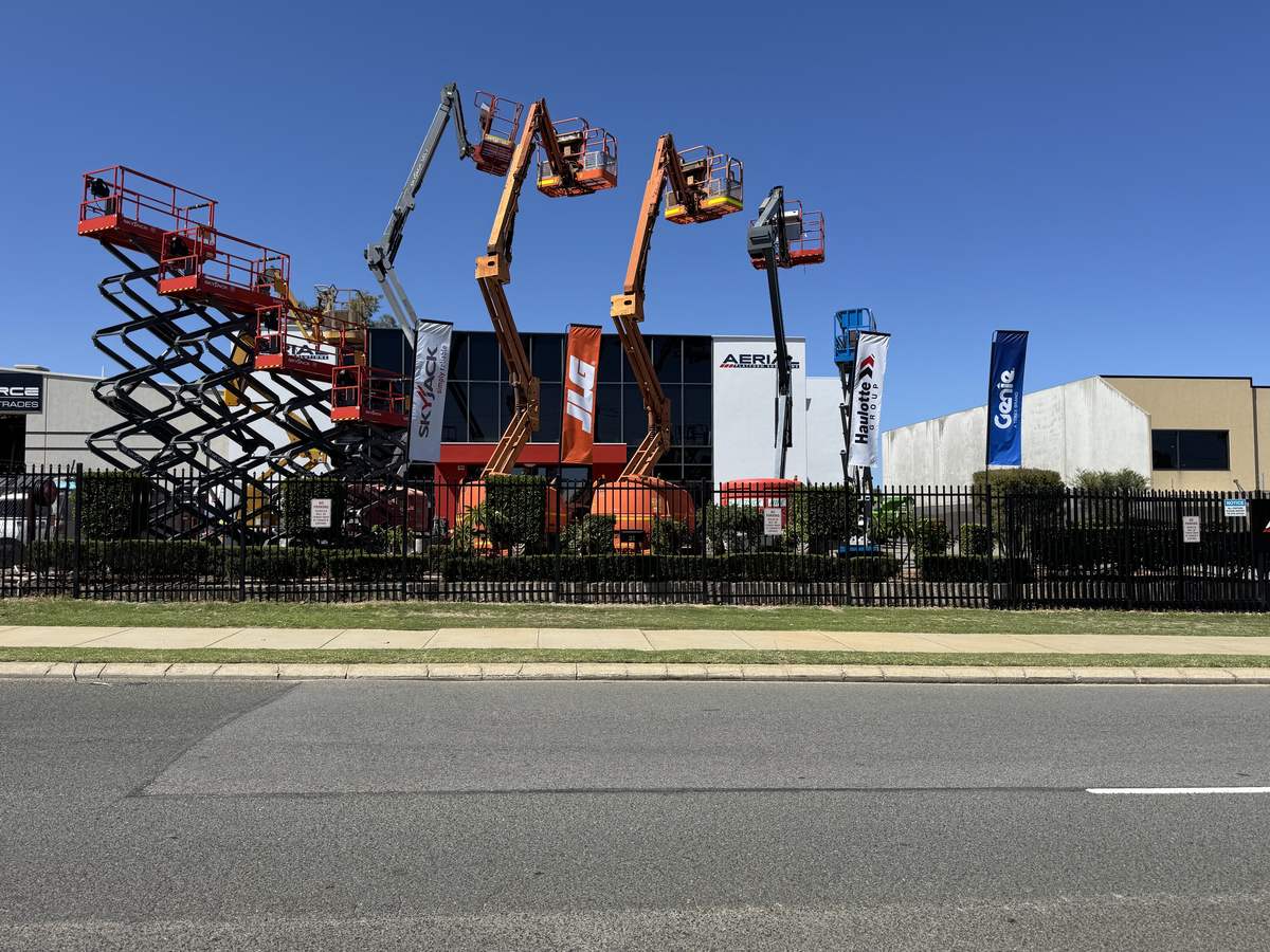 Boom lifts raised at the APS yard in Darch
